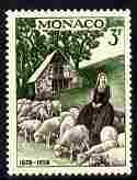 Monaco 1958 St Bernadette at Bartres 3f unmounted mint from Apparition at Lourdes set, SG 600*, stamps on religion, stamps on saints, stamps on sheep, stamps on ovine