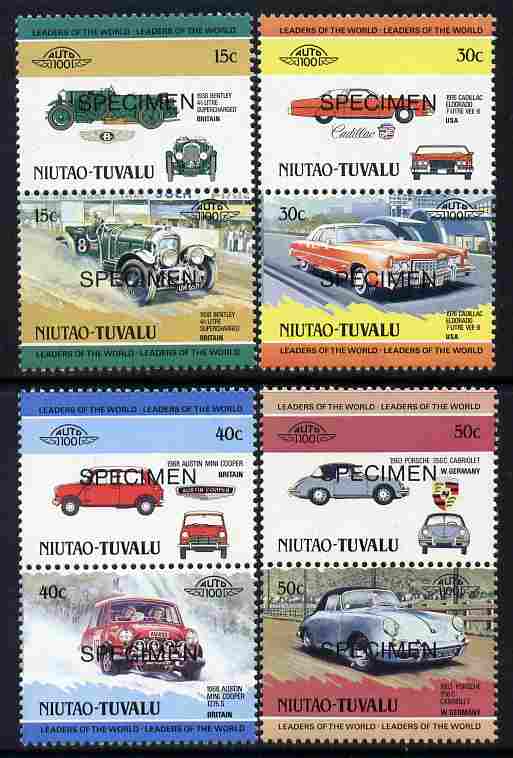 Tuvalu - Niutao 1984 Cars #1 (Leaders of the World) set of 8 opt'd SPECIMEN unmounted mint, stamps on cars, stamps on austin, stamps on mini, stamps on bentley, stamps on cadillac, stamps on porsche