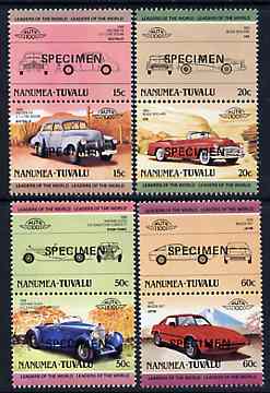 Tuvalu - Nanumea 1985 Cars #2 (Leaders of the World) set of 8 opt'd SPECIMEN unmounted mint, stamps on , stamps on  stamps on cars    mazda    hispano    holden    buick