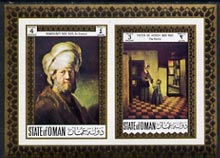 Oman 1972 Classic Paintings imperf m/sheet containing 4b An Oriental by Rembrandt and 3b The Pantry by Pieter de Hooch unmounted mint, stamps on , stamps on  stamps on arts, stamps on  stamps on rembrandt, stamps on  stamps on renaissance