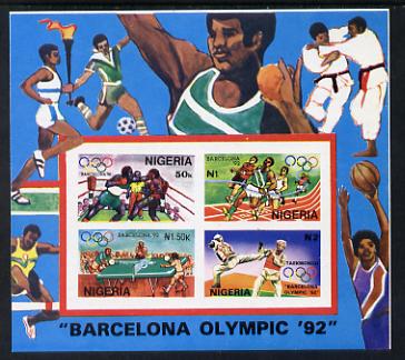 Nigeria 1992 Barcelona Olympic Games (1st issue) m/s imperf unmounted mint, SG MS 623var, stamps on , stamps on  stamps on olympics   sport     boxing   running    table tennis   taekwondo   martial-arts    judo     shot     hurdles    football    basketball