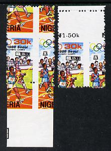 Nigeria 1988 Seoul Olympic Games (Athletics) 30k marginal singles from each side of sheet showing spectacular misplaced perfs error unmounted mint, as SG 567, stamps on , stamps on  stamps on sport, stamps on  stamps on varieties, stamps on  stamps on olympics