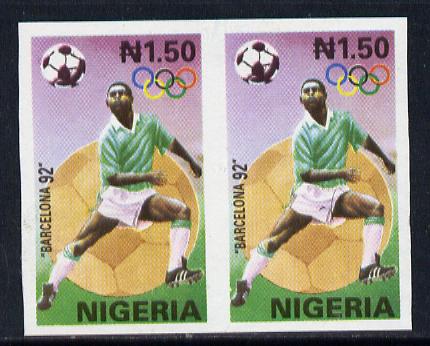 Nigeria 1992 Barcelona Olympic Games (2nd issue) N1.50 value (Foorball) imperf pair unmounted mint, stamps on , stamps on  stamps on football   sport    olympics