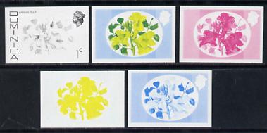 Dominica 1975-78 African Tulip 1c set of 5 imperf progressive colour proofs comprising the 4 basic colours plus 2-colour composite unmounted mint (as SG 491), stamps on flowers