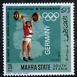 Aden - Mahra 1968 Weightlifting 25f from German Olympics Gold Medal Winners set unmounted mint, Mi 101A*, stamps on weightlifting
