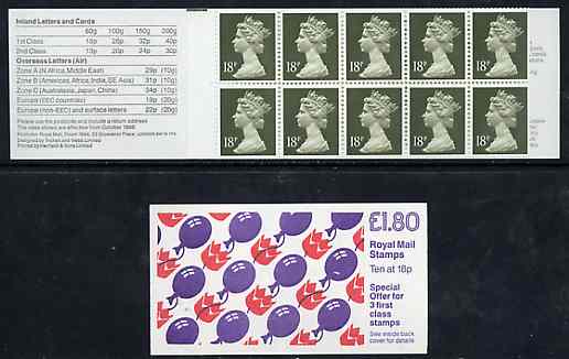 Great Britain 1988 Children's Party Balloons £1.80 booklet complete with margin at left, SG FU8, stamps on balloonschildren