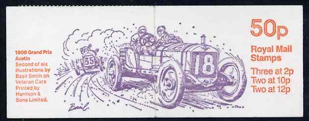 Great Britain 1979-81 Veteran Cars #2 (1908 Grand Prix Austin) 50p booklet complete, SG FB11, stamps on , stamps on  stamps on cars, stamps on  stamps on racing cars, stamps on  stamps on  f1 , stamps on  stamps on austin