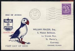 Great Britain - Jethou 1961 Puffin Illustrated cover from Guernsey bearing 3d Regional canc Dec 1st, reverse shows imperf m/sheet containing block of 4 x Jethou 6d birds ..., stamps on birds    europa