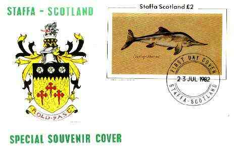 Staffa 1982 Prehistoric Marine Life (Ichthyosaurus) imperf deluxe sheet (A32 value) on cover with first day cancel, stamps on , stamps on  stamps on animals, stamps on  stamps on dinosaurs, stamps on  stamps on dolphins, stamps on  stamps on reptiles, stamps on  stamps on marine life, stamps on  stamps on 