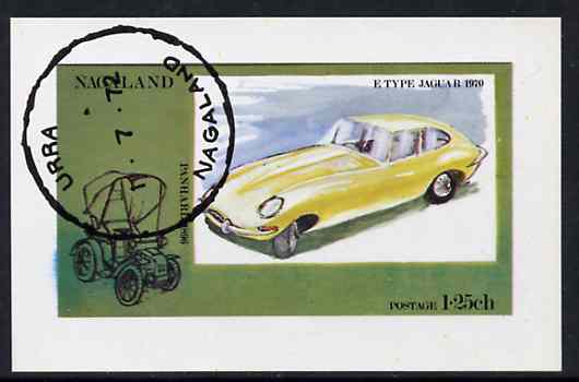Nagaland 1972 Cars #1 (E-Type Jaguar) imperf souvenir sheet (1.25ch value) cto used, stamps on cars      jaguar