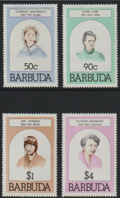 Barbuda 1981 Famous Women set of 4 unmounted mint, SG 546-9, stamps on , stamps on  stamps on personalities, stamps on  stamps on nurses, stamps on  stamps on women, stamps on  stamps on nobel, stamps on  stamps on aviation, stamps on  stamps on medical, stamps on  stamps on physics, stamps on  stamps on x-rays, stamps on  stamps on chemist