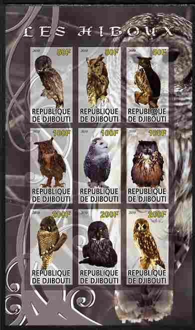 Djibouti 2010 Owls imperf sheetlet containing 9 values unmounted mint, stamps on birds, stamps on birds of prey, stamps on owls