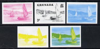 Grenada 1975 Working Boats 3c set of 5 imperf progressive colour proofs comprising the 4 basic colours plus blue & yellow composite (as SG 652) unmounted mint, stamps on ships