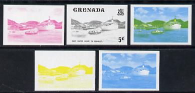 Grenada 1975 Deep Water Dock 5c set of 5 imperf progressive colour proofs comprising the 4 basic colours plus blue & yellow composite (as SG 653) unmounted mint, stamps on ships, stamps on ports