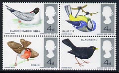 Great Britain 1966 British Birds unmounted mint se-tenant block of 4 (ordinary), stamps on birds