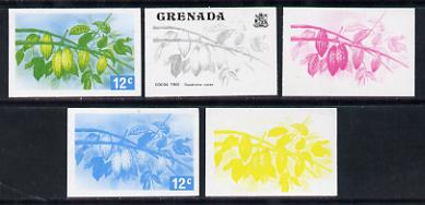 Grenada 1975 Cocoa Tree 12c set of 5 imperf progressive colour proofs comprising the 4 basic colours plus blue & yellow composite (as SG 657) unmounted mint, stamps on , stamps on  stamps on trees    drink    food