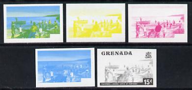 Grenada 1975 Fishermen 15c set of 5 imperf progressive colour proofs comprising the 4 basic colours plus blue & yellow composite (as SG 658) unmounted mint, stamps on fish     marine-life