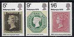 Great Britain 1970 Philympia 70 Stamp Exhibition unmounted mint set of 3, stamps on stamp on stamp     stamp exhibitions, stamps on stamponstamp