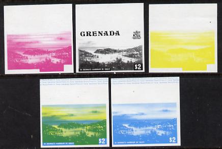 Grenada 1975 St George's Harbour $2 set of 5 imperf progressive colour proofs comprising the 4 basic colours plus blue & yellow composite (as SG 665) unmounted mint, stamps on , stamps on  stamps on tourism    harbours