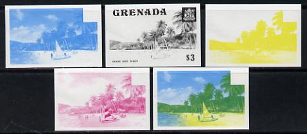 Grenada 1975 Grand Anse Beach $3 set of 5 imperf progressive colour proofs comprising the 4 basic colours plus blue & yellow composite (as SG 666) unmounted mint, stamps on , stamps on  stamps on tourism