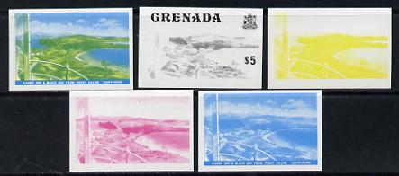 Grenada 1975 Canoe Bay $5 (View from Lighthouse) set of 5 imperf progressive colour proofs comprising the 4 basic colours plus blue & yellow composite (as SG 667) unmounted mint, stamps on , stamps on  stamps on tourism, stamps on lighthouses