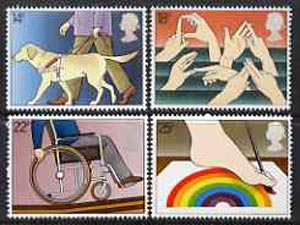 Great Britain 1981 International Year of the Disabled unmounted mint set of 4 SG 1147-50 (gutter pairs available price x 2), stamps on , stamps on  stamps on disabled, stamps on wheelchair, stamps on rainbow, stamps on blind, stamps on deaf, stamps on dogs, stamps on blind