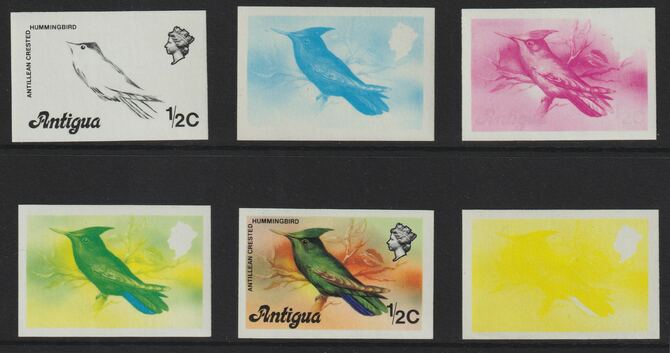 Antigua 1976 Crested Hummingbird 1/2c (without imprint) set of 6 imperf progressive colour proofs comprising the 4 basic colours, blue & yellow composite plus all 4 colours (as SG 469A) unmounted mint, stamps on , stamps on  stamps on birds    hummingbirds