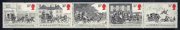 Great Britain 1984 First Mail Coach Run unmounted mint strip of 5 SG 1258a, stamps on , stamps on  stamps on postal, stamps on mail coaches, stamps on  stamps on slania