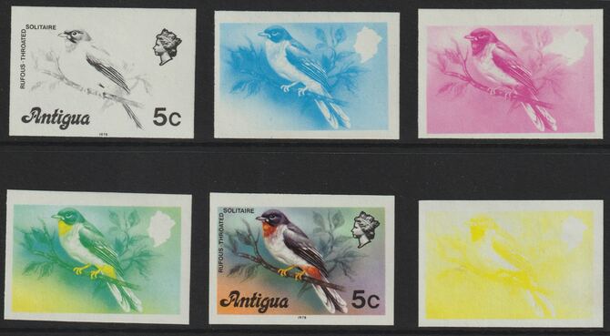 Antigua 1976 Solitaire Bird 5c (with imprint) set of 6 imperf progressive colour proofs comprising the 4 basic colours, blue & yellow composite plus all 4 colours (as SG ..., stamps on birds