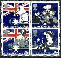 Great Britain 1988 Bicentenary of Australian Settlement set of 4 (2 se-tenant pairs) unmounted mint, SG 1396-99, stamps on , stamps on  stamps on cricket, stamps on  stamps on tennis, stamps on  stamps on flags, stamps on  stamps on shakespeare, stamps on  stamps on music, stamps on  stamps on london, stamps on  stamps on ships, stamps on  stamps on beatles