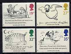 Great Britain 1988 Death Centenary of Edward Lear (Artist & Author) set of 4 unmounted mint, SG 1405-08, stamps on arts, stamps on cats, stamps on literature, stamps on books, stamps on death, stamps on honey
