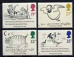 Great Britain 1988 Death Centenary of Edward Lear (Artist & Author) set of 4 unmounted mint, SG 1405-08, stamps on , stamps on  stamps on arts, stamps on cats, stamps on literature, stamps on books, stamps on death, stamps on honey