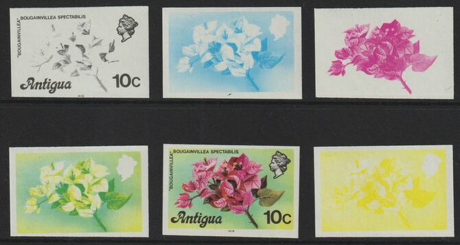 Antigua 1976 Bougainvillea 10c (with imprint) set of 6 imperf progressive colour proofs comprising the 4 basic colours, blue & yellow composite plus all 4 colours (as SG 476B) unmounted mint, stamps on , stamps on  stamps on flowers, stamps on  stamps on trees, stamps on  stamps on shrubs
