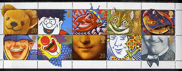 Booklet Pane - Great Britain 1990 Greeting Stamps (Smiles inscribed 20p) unmounted mint booklet pane of 10 SG1483a, stamps on , stamps on fairy tales, stamps on teddy bears, stamps on cartoons, stamps on police, stamps on laurel & hardy, stamps on 