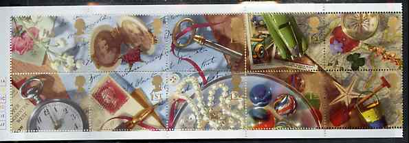 Booklet Pane - Great Britain 1992 Greeting Stamps (Memories) unmounted mint booklet pane of 10 plus 12 abels, SG 1592a, stamps on locket   keys   compass   clocks   pen   marbles    jewellry     maps      navigation