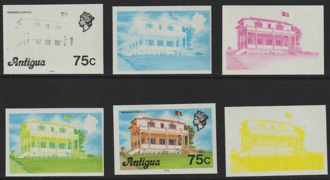 Antigua 1976 Premiers Office 75c (with imprint) set of 6 imperf progressive colour proofs comprising the 4 basic colours, blue & yellow composite plus all 4 colours (as S..., stamps on constitutions