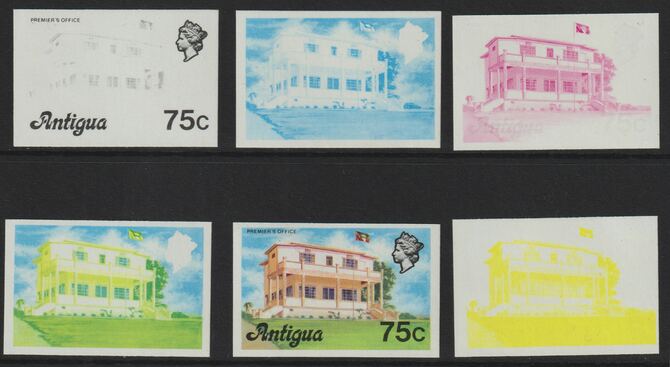 Antigua 1976 Premiers Office 75c (without imprint) set of 6 imperf progressive colour proofs comprising the 4 basic colours, blue & yellow composite plus all 4 colours (a..., stamps on constitutions