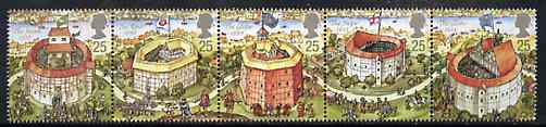 Great Britain 1995 Reconstruction of Shakespeare's Globe Theatre unmounted mint strip of 5 SG 1882a, stamps on literature     theatre     shakespeare     entertainments