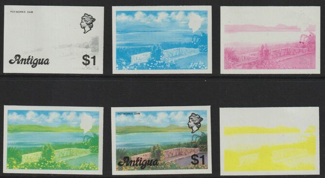 Antigua 1976 Potworks Dam $1 (without imprint) set of 6 imperf progressive colour proofs comprising the 4 basic colours, blue & yellow composite plus all 4 colours unmoun..., stamps on dams    civil engineering    irrigation