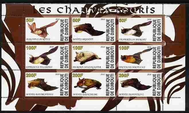 Djibouti 2010 Bats perf sheetlet containing 9 values unmounted mint, stamps on animals, stamps on mammals, stamps on bats
