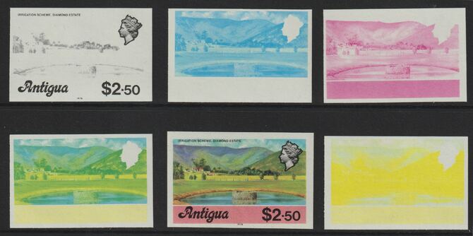 Antigua 1976 Irrigation Scheme $2.50 (with imprint) set of 6 imperf progressive colour proofs comprising the 4 basic colours, blue & yellow composite plus all 4 colours (as SG 484B) unmounted mint, stamps on , stamps on  stamps on environment    irrigation