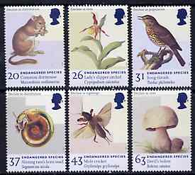 Great Britain 1998 Endangered Species unmounted mint set of 6, SG 2015-20*, stamps on , stamps on  stamps on snail    thrush    insects     fungi    orchids      mouse