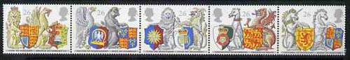 Great Britain 1998 Order of the Garter unmounted mint strip of 5, SG 2026a, stamps on , stamps on  stamps on arms, stamps on  stamps on heraldry, stamps on  stamps on dragons, stamps on  stamps on mythology