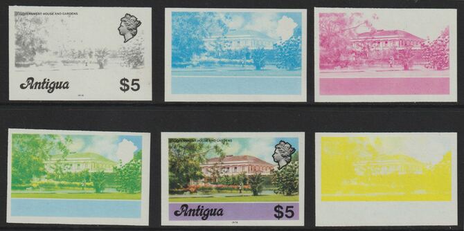 Antigua 1976 Government House $5 (with imprint) set of 6 imperf progressive colour proofs comprising the 4 basic colours, blue & yellow composite plus all 4 colours (as SG 485B) unmounted mint, stamps on constitutions