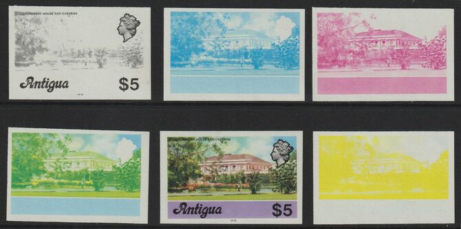 Antigua 1976 Government House $5 (with imprint) set of 6 imperf progressive colour proofs comprising the 4 basic colours, blue & yellow composite plus all 4 colours (as SG 485B) unmounted mint, stamps on , stamps on  stamps on constitutions