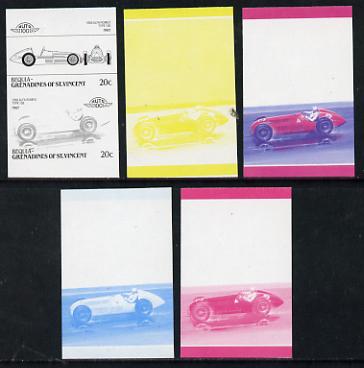 St Vincent - Bequia 20c Alfa Romeo (1950) set of 5 imperf unmounted mintrf progressive colour proofs in se-tenant pairs comprising the 4 basic colours plus blue & magenta composite (5 pairs), stamps on , stamps on  stamps on cars, stamps on alfa