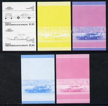 St Vincent - Bequia $1.50 Plymouth Superbird (1970) set of 5 imperf progressive colour proofs in se-tenant pairs comprising the 4 basic colours plus blue & magenta composite (5 pairs) unmounted mint, stamps on , stamps on  stamps on cars, stamps on plymouth