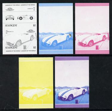 St Vincent 1985 Cars #3 (Leaders of the World) $2 Cunningham C-5R (1953) set of 5 imperf progressive colour proofs in se-tenant pairs comprising the 4 basic colours plus ..., stamps on cars