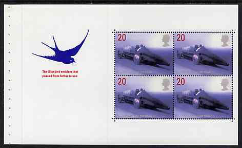 Great Britain 1998 British Land Speed Record Holders - Donald Campbell in Bluebird 20p P14.5 x 13.5 booklet pane of 4 unmounted mint, as SG 2059a, stamps on racing, stamps on cars