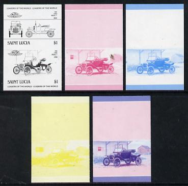 St Lucia 1984 Cars #2 (Leaders of the World) $1 Ford Model 'T' (1914) set of 5 imperf progressive colour proofs in se-tenant pairs comprising the 4 basic colours plus blue & magenta composite (5 pairs as SG 755a) unmounted mint, stamps on cars, stamps on ford